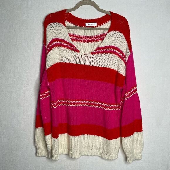 Women's Dopamine Sweater Color Block Soft Oversized Long Sleeve Barbie - Picture 2 of 8